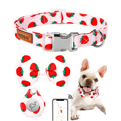 MIDOG AirTag Dog Collar, Fashion Dog Collar for Small Medium Large Dogs with Air Tag Holder Case, Adjustable Training Soft Nylon Air Tag Pet Collar with Quick-Release Metal Buckle (Strawberry, M)