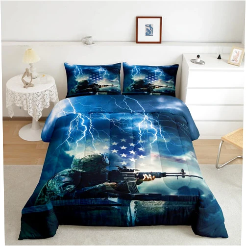 Erosebridal Camo Soldier Comforter Set Full for Boys Teen Military Camouflage Vintage American Flag Down Comforter Blue Lightning Retro Usa National Flag Quilted Duvet for Adult Kids Men Bedroom Decor