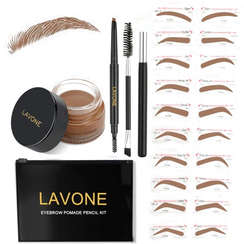 LAVONE Eyebrow Stamp Stencil Kit, Brow Stamp Trio Kit with Waterproof Eyebrow Pencil, Pomade, 20 Eyebrow Stencils, Dual-ended Eyebrow Brush and Sponge Applicator - Brown