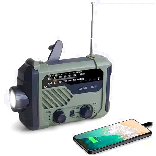 GeRRiT 2000mAh Emergency Weather Radio Portable Power Bank with Solar Charging, Hand Crank & Battery Operated, AM/FM & LED Flashlight for Outdoor Emergency