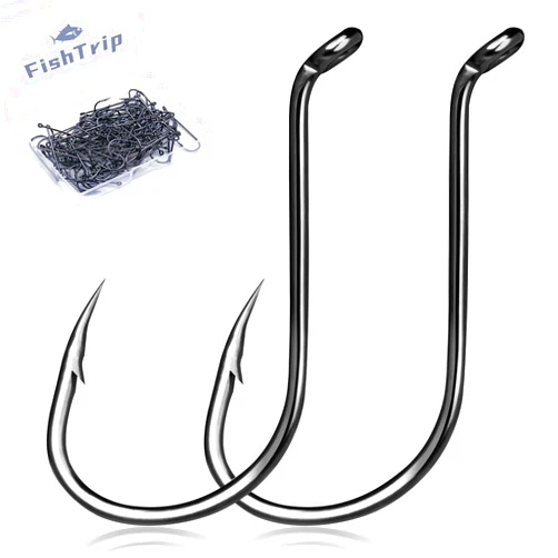 FishTrip Octopus Hooks Fishing Saltwater - 100pcs/50pcs Offset Beak Fish Hooks/Closed Eye/Barded/Black for Fishing Rigs Bass Catfish