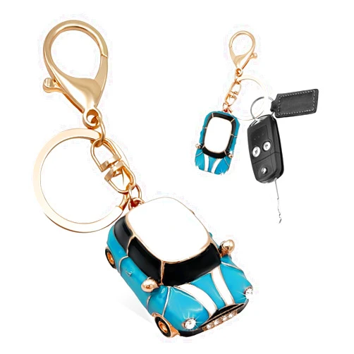 Povtii Car Key Chain, Rhinestone Detail 3D Cute Car Model Keychain, Mini Cooper Metal Key Chain with Ring, Car Accessories (Lake Blue)