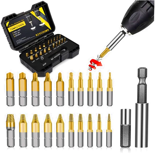 RIYCUOWT Gifts for Men, 22Pcs Titanium Damaged Screw Extractor Set - Remover for Stripped Head Screws Nuts & Bolts Drill Bit Tools for Easy Removal of Rusty & Broken High Speed Steel Superb Gift
