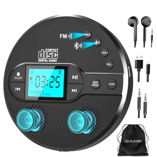 Sunoony Portable CD Player with Bluetooth, Walkman CD Player with FM Transmitter and Speakers for Car, Rechargeable Discman CD Player with Anti-Skip Protection, Headphones, LCD Display (Black)