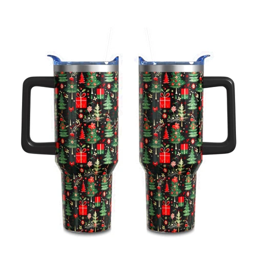 Aokoyi Christmas Gifts 40 Oz Tumbler with Handle and Straw, Green Xmas Tree Stainless Steel Insulated Cup Water Bottle, Retro Holiday Gifts for Women Men (1PC)