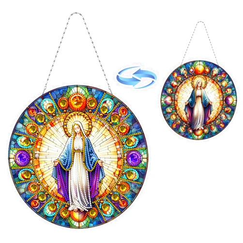 Generic DIY Acrylic Diamond Art Painting Wreath Kits Special Shape Rhinestone Diamond Art Window Pendants Hanging Home Garden Wall Kits Double-Sided Pattern (Single Side Point Drill) -#11-Virgin Mary