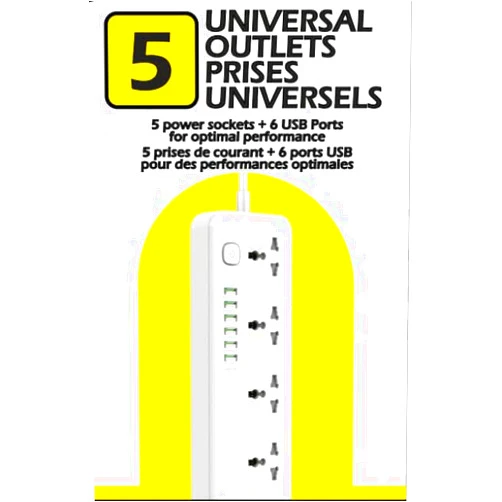K KRIËGER Universal Power Strip Surge Protector, 5 Power Outlets, 6 USB Ports with 4M Extension Cord, Flat Plug for Charging Home, Office and Travel Accessories - Type E/F