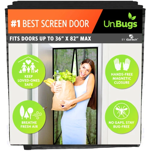 IGotTech UnBugs Magnetic Screen Door - Fits Doors up to 36 x 82 Inches MAX - Pet & Kid Friendly, Self-Closing - Hands Free Magnet Closure Keeps Bugs Out & Breeze in