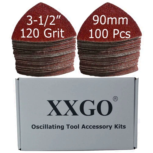 XXGO 100 Pcs 120 Grits 3-1/2 Inch 90mm Triangular Hook & Loop Multitool Sandpaper for Wood Sanding Fit 3.5 Inch Oscillating Multi Tool Sanding Pad XG9020120