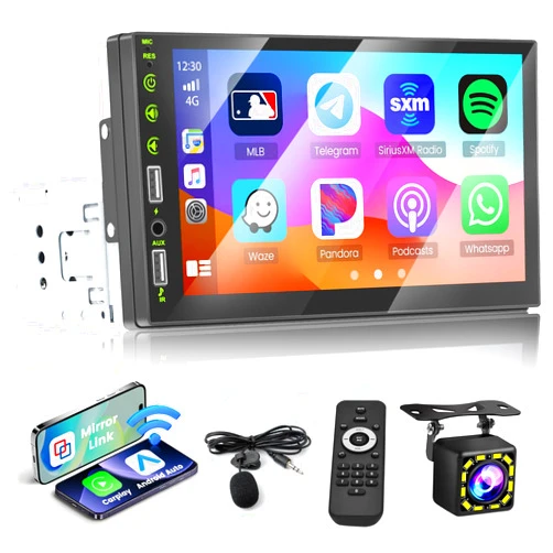 Hikity Single Din Car Stereo Wireless Carplay Android Auto, 7'' Touch Screen Car Radio Bluetooth Car Audio Receiver with Dual USB, FM Radio, EQ, AUX, Backup Camera, Remote Control, Black