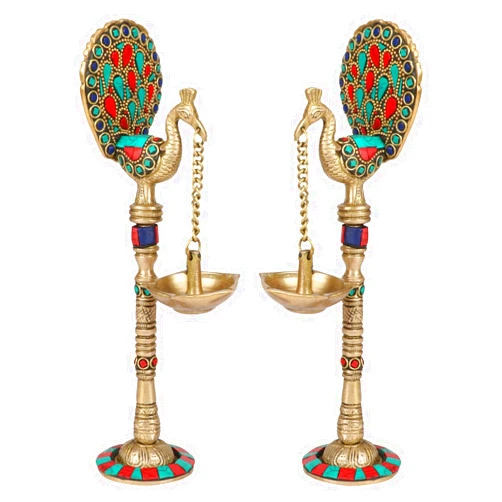 ARTVARKO Brass Pair of Bird Peacock Hanging Chain Diya Oil Lamp Stand, 9 Inches