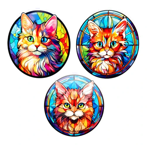 Window Flakes Set of 3 x Cat Window Clings - Stained Glass Window Cling Cat Decor - Sun Catcher Sticker for Glass Windows and Doors
