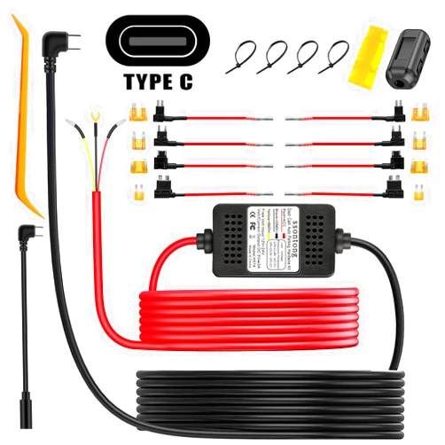 Ssontong Dash Cam Hardwire Kit, ACC Hardwire Kit for Dash Camera Type C 3-Lead Hard Wire Kit 12V-24V to 5V USB-C Hardwire Kit w/Low Voltage Protection 13ft Charger Power Cord for GPS Radar Detectors and More