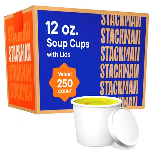 Stack Man Paper Food Container with Lid, Insulated Food Cups with Vented Lids - Hot or Cold To Go Soup Cup, for Soups, Ice Cream and Yogurt - Eco-Friendly - White