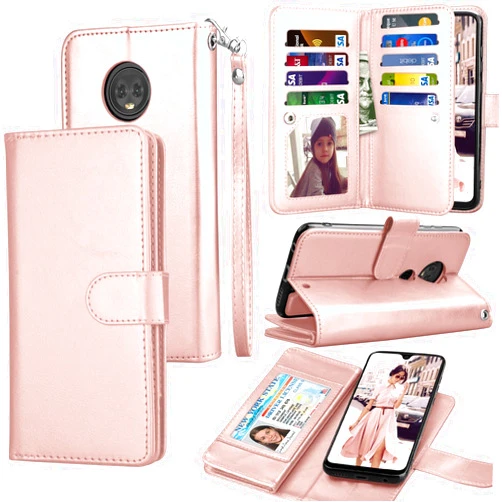 Tekcoo Wallet Case for Moto G7 / Motorola Moto G7 Plus/T-Mobile Revvlry+ Plus, Luxury Credit Card Slots Holder PU Leather Carrying Folio Flip Cover Cases [Detachable Magnetic Case] [Rose Gold]