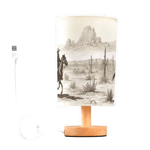YEGAME Western Cowboy Bedside Table Lamp for Bedroom Nightstand, Small Eye Care LED Desk Reading Lamp USB Port Wood Base Round Flaxen Fabric Shade for for Kids Room Living Room Office Desk