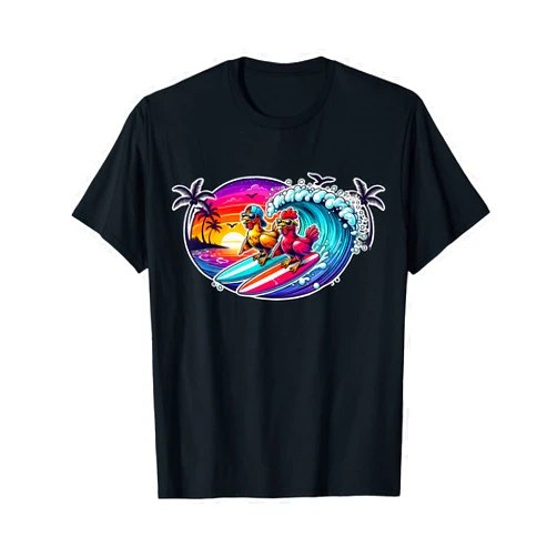 Surfing Chicken Outfit For Wave, Beach And Party Surfing Chickens Riding Long Board Surfboard Chicken T-Shirt