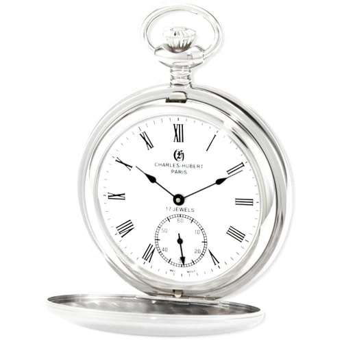 CHARLES-HUBERT PARIS Charles-Hubert, Paris 3908-WR Premium Collection Stainless Steel Satin Finish Double Hunter Case Mechanical Pocket Watch