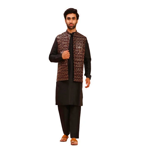 Pro-Ethic Style Developer Mens Silk Kurta Trouser Set With Mirror Work Waistcoat (Nehru Jacket) (C-125)