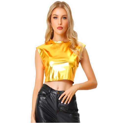 Allegra K Metallic Sleeveless Top for Women's Party Shiny Round Neck Crop Holographic Tops