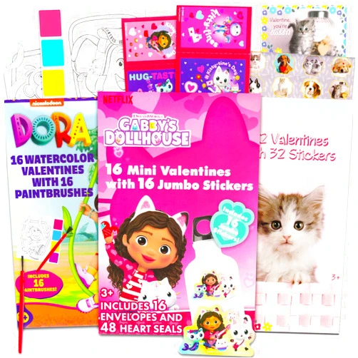 Nickelodeon 64 Valentine Party Favors - Bundle with Gabby's Dollhouse and Dora Valentine Day Cards with Stickers | Bulk Girls Valentine Cards for Classroom Party