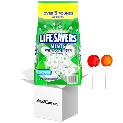 AtoZCorner. Lifesavers Wint O Mint Hard Candy - Lifesavers Individually Wrapped - 3 Pounds of Livesavers Mints Bulk Individually Wrapped with two Zero Sugar Lollipops.