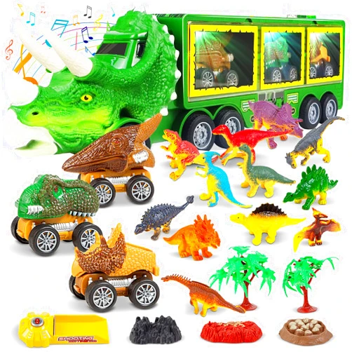 ToyVelt Dinosaur Truck, Dinosaur Trucks for Kids 3-5, Dino Truck with 12 Figures & 3 Dino Cars, Dinosaur Truck Toy with a Coloring Book, Dino Hauler & Transporter, Dinosaur Playset for Boys & Girls
