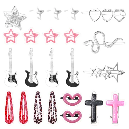 FRIUSATE 22 Pcs Y2k Pink Hair Clips Set Kawaii Hair, Love Star Cross Hair Clip Diy Handmade Accessories Guitar Pendant, Star Claw Clip Hairpin Snake Hair Clip, for Girls Hairstyle Accessory Gifts