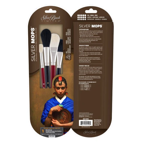Silver Brush Limited Silver Mop Multimedia Brush Set, Oil, Acrylic, and Watercolor Brushes, Short Handle, 4-Piece Set