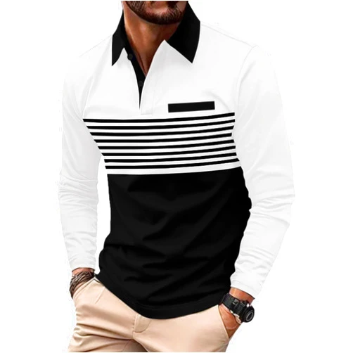 Beotyshow Mens Striped Polo Shirts Long Sleeve Contrast Color Golf Casual Shirt Collared Fashion T Shirts