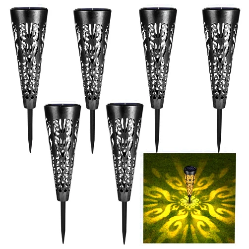 pearlstar Solar Lights Outdoor Garden Decorative Pathway Lights Waterproof Unique LED Solar Stake Lights for Patio Yard Walkway Driveway Landscape Decor, Conical, Warm Lights, Black-6pack