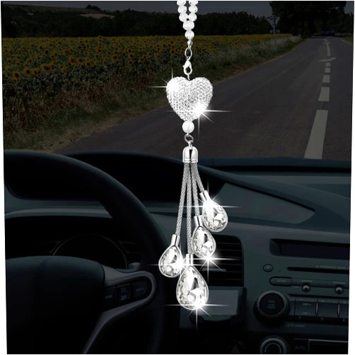 Frienda Bling Heart Diamond Car Charms Car Accessories for Women, Crystal Car Rear View Mirror Charms Car Decoration Lucky Hanging Interior Ornament Pendant Gifts for Women Driver(White,7.5 Inch)