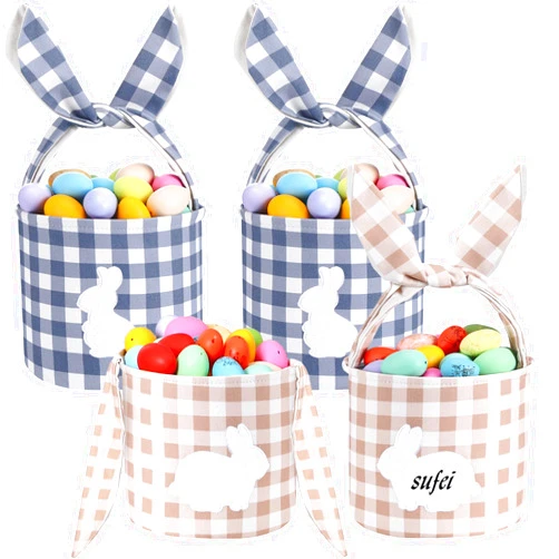 Paterr 4 Pack Easter Bunny Baskets Canvas Cotton Easter Egg Hunt Baskets with Foldable Rabbit Ears Handle DIY Empty Fluffy Tails Embroidered Bunny Buckets for Party Decorations Candy Gifts Storage