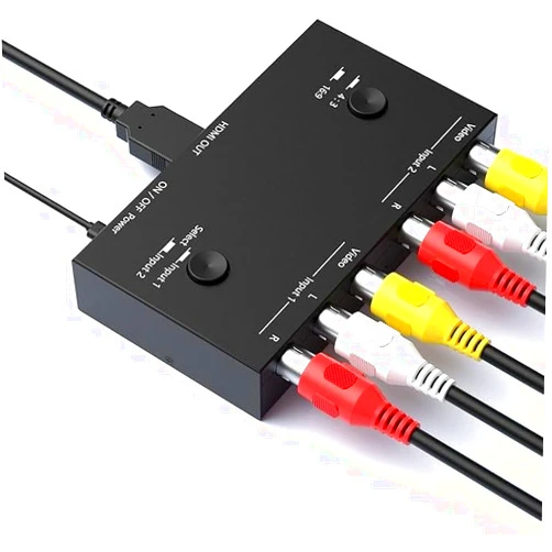 Y.D.F 2 Port RCA to HDMI Converter 2 Way RCA Composite CVBS AV Switch to HDMI Converter Adapter Support 4:3/16:9 Switching, for Sega Xbox PS1 PS2 PS3 N64 NGC SNES WII VHS VCR Camera DVD