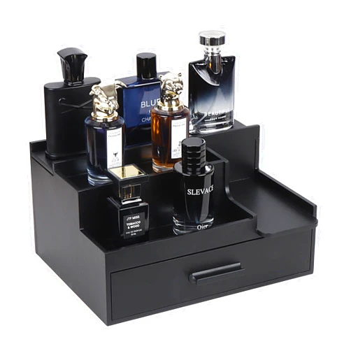 Butizone Cologne Organizer for Men, 3 Tier Perfume Stand Holder with Drawer and Hidden Compartment, Cologne Display Shelf for Dresser, Great Gift for Man/Father, Black