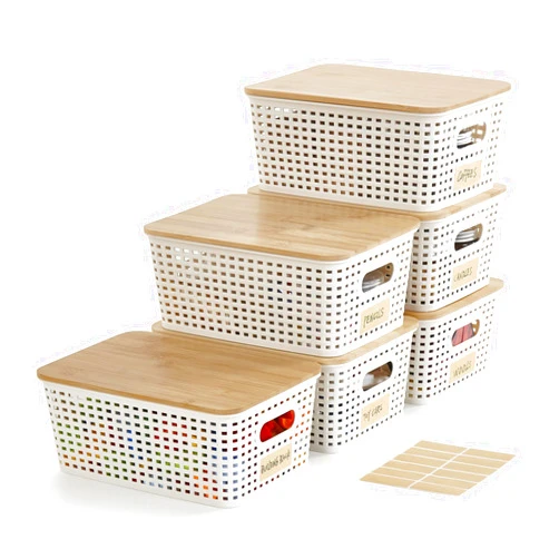 Bagnizer Small Plastic Storage Bins with Bamboo Lids 5.2qt Stackable Box Basket Pantry Decorative Containers Cute with Lable for Organizing Desktop Closet Office Cream White of 6 packs 10*7.2*4.1'’