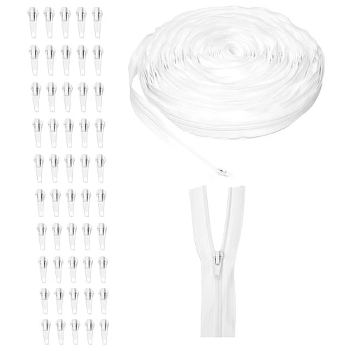 Juvale 51-Piece White Nylon #5 Coil Zipper Set - 50 Yards, 1.3-Inch Wide with 50 Metal Sliders for Sewing, Crafting & Art Supplies, Clothes Making & Repair - Sewing Zipper Repair Kit