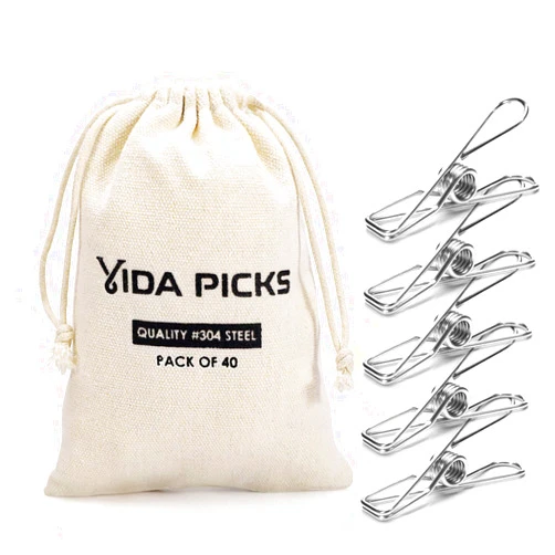 Vida Picks 40 Pack Wire Clothes Pins Heavy Duty Outdoor, Stainless Steel ClothesPins for Hanging Clothes, Metal Clothes Pegs, Clothing Clips, Laundry Pins 1.8mm Diameter 6cm Long