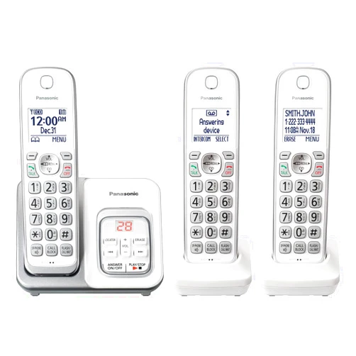 Panasonic Expandable Cordless Phone System with Answering Machine and Call Block - 3 Cordless Handsets - KX-TGD633W (White/Silver)