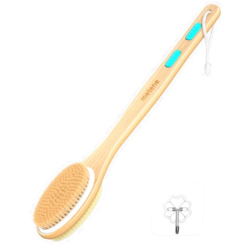 Metene Shower Brush with Soft and Stiff Bristles, Bath Dual-Sided Long Handle Back Scrubber Body Exfoliator for Wet or Dry Brushing