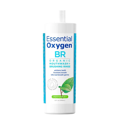 Essential Oxygen Certified BR Organic Brushing Rinse, All Natural Mouthwash for Whiter Teeth, Fresher Breath, and Happier Gums, Alcohol-Free Oral Care, Peppermint, 32 Ounce