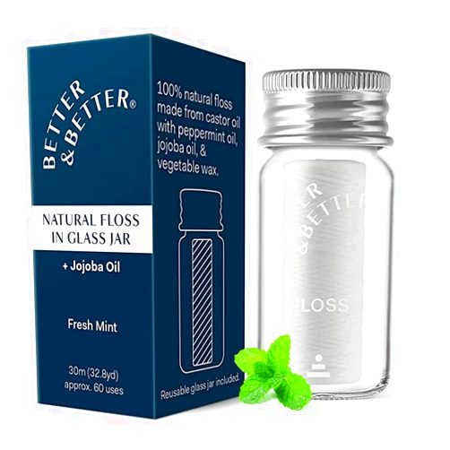 Better & Better Natural Floss in Refillable Glass Jar | Zero Plastic Oral Care - 100% Plant-Based Waxed Dental Floss | Natural Dental Floss in Glass Jar | Vegan Floss & Eco Floss Non Toxic, 1 Spool