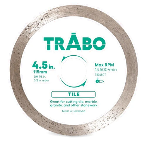 Trabo 4 1/2 Inch Tile Continuous Rim Diamond Metal Bond Blade for Cutting Granite, Ceramic, Porcelain, Quartz, and More with 7/8 inch Arbor with 5/8 inch Reducer Ring