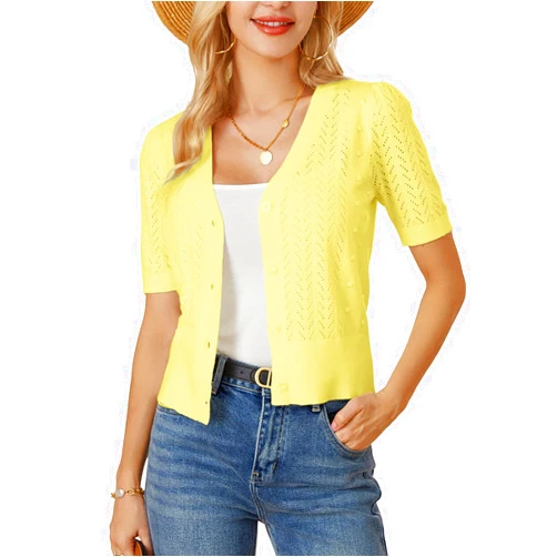 GRACE KARIN Cropped Cardigan Sweaters for Women Short Sleeve Crochet Knit Bolero Shrug V-Neck Button up Tops