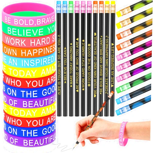 Tenceur 80 Pcs Inspirational Pencils Motivational Silicone Bracelets Set Color Changing Pencils for Kids Mood Pencils Bulk Student Gifts from Teacher Bulk for Kids School(Simple Style)