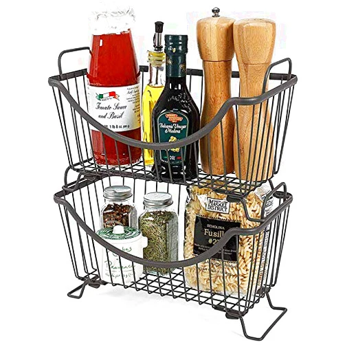 LeleCAT 2 Pack Stackable Baskets,Wire Storage Organizer Basket with Handles, Vintage Locker Basket Style, Rustic Farmhouse Chic, Pantry, Kitchen, Garage, Bathroom,grey