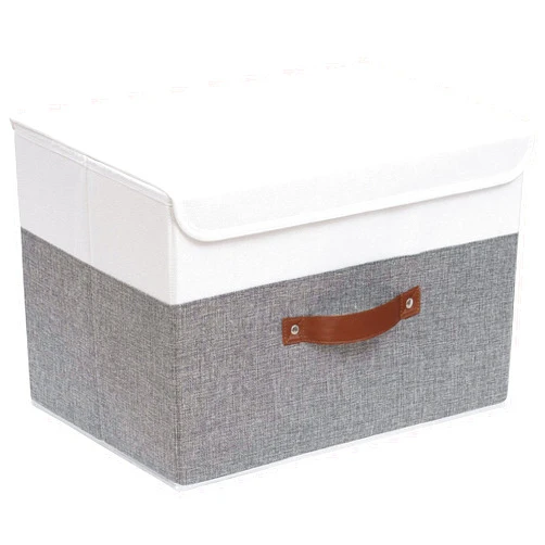 Yawinhe 25 Quart Storage Boxes with Lids, Linen Fabric Storage Bin Cube Organizer Basket, Washable and Leather Handle, for Home, Closet, White/Grey, 15.0''Lx9.8''Wx9.8''H, 1-Pack, USNK024WGL-1