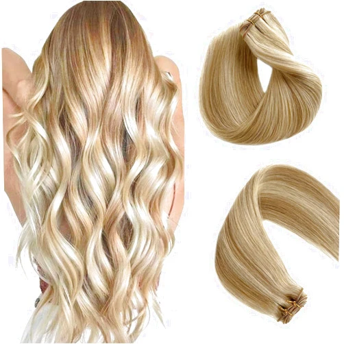 Valiilo Sew in Hair Extensions Real Human Hair Blonde Highlights Weft Hair Extensions Human Hair Remy Hair Ash Brown Mix Platinum Blonde Hand Tied Weft Hair Extensions 14inch 80g