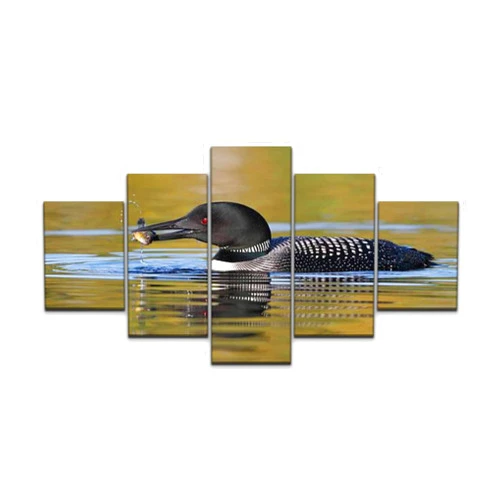 UVRKQYOSGKB Large Canvas Print 5 Panels Art Wall Paintings Common Loon Catching a Pumpkinseed Sunfish Stretched Framed Wall Poster Picture on Canvas Home Decor - 60x32 Inch Total