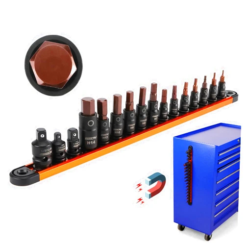 SEDY Allen-Wrench Hex Bit Socket Set: 16-Piece Metric Hex Socket Set with Magnetic Socket Rail Organizer 1/4, 3/8, 1/2-Inch Drive H2-H14 Hex Key Socket Set with Adapter for Professional Garages Workshop